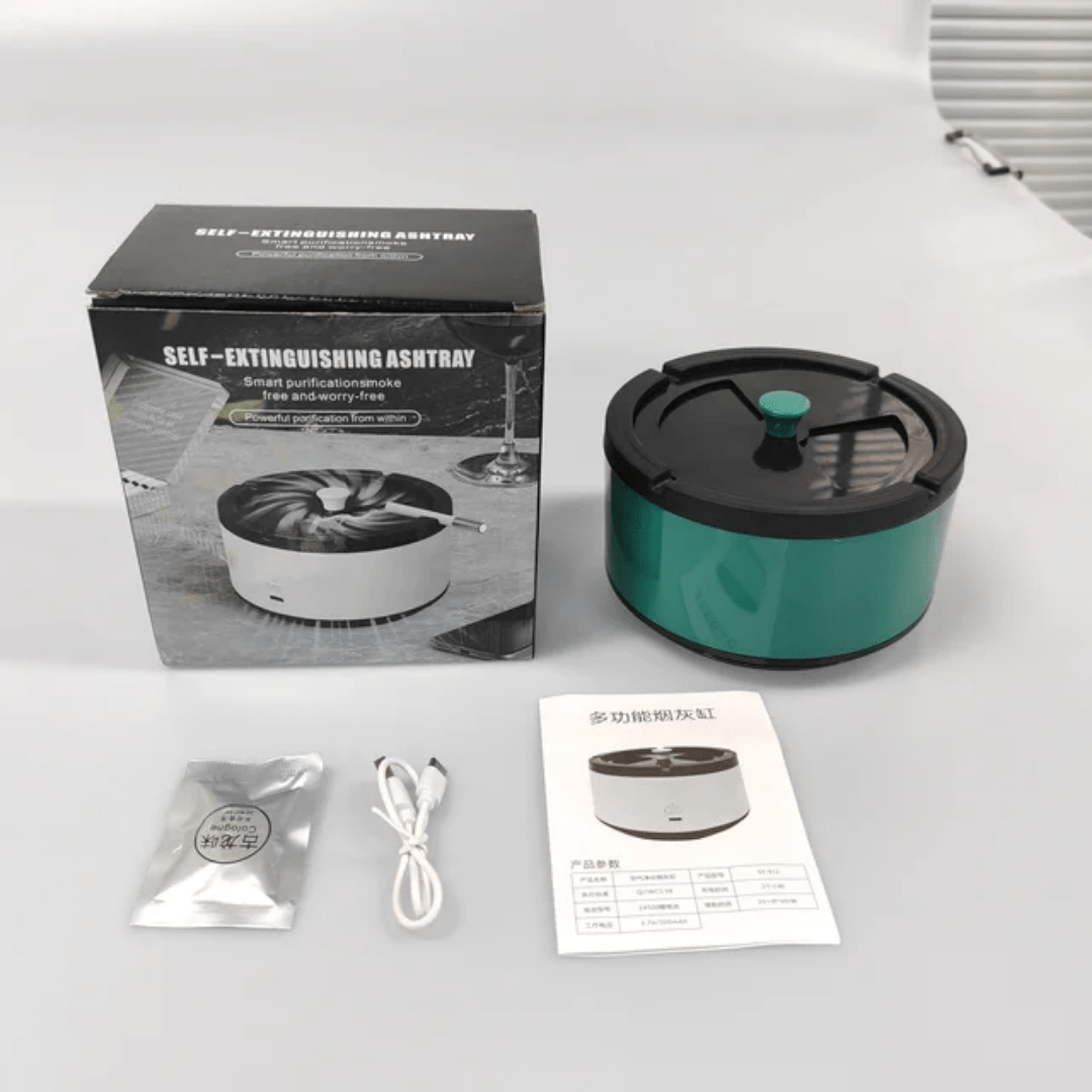 Close-up of green color ashtray with scented disc and accessories