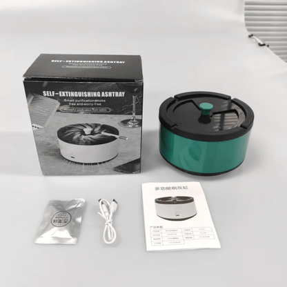 Close-up of green color ashtray with scented disc and accessories