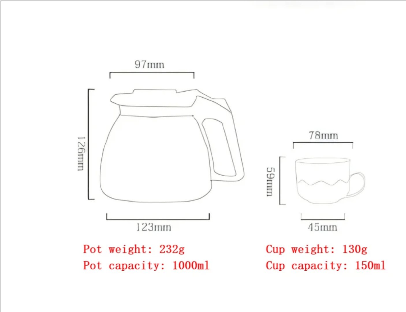 Glass teapot with 4 glass cups – 900ml capacity and 150ml for cups