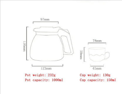 Glass teapot with 4 glass cups – 900ml capacity and 150ml for cups