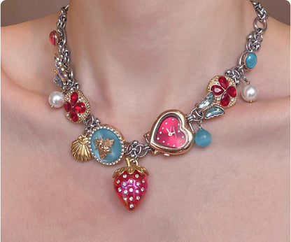 Red Blue Strawberry Clock Butterfly Titanium Steel Necklace