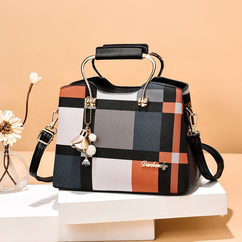 Luxury Women's Checkered Tote Bag – Elegant Lock Accent Handbag - More4LessLB