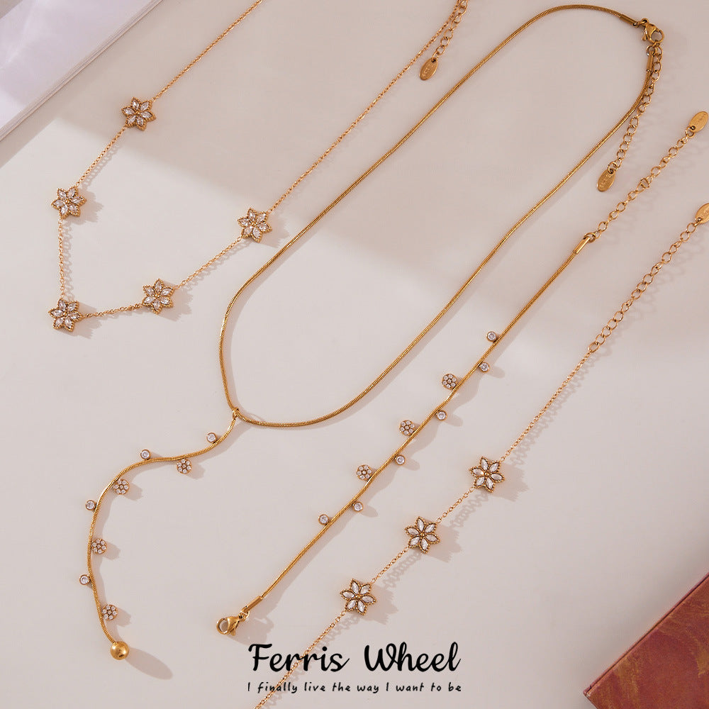 INS Minimalist Stitched Small Flower Round Zircon Necklace Bracelet Set