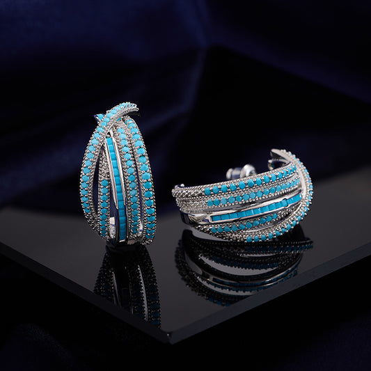 Colorful Zircon Small Design Sense Geometric Line Cross C-circle Earrings