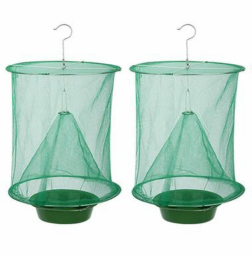 Close-up of attractant tray with water inside fly trap net