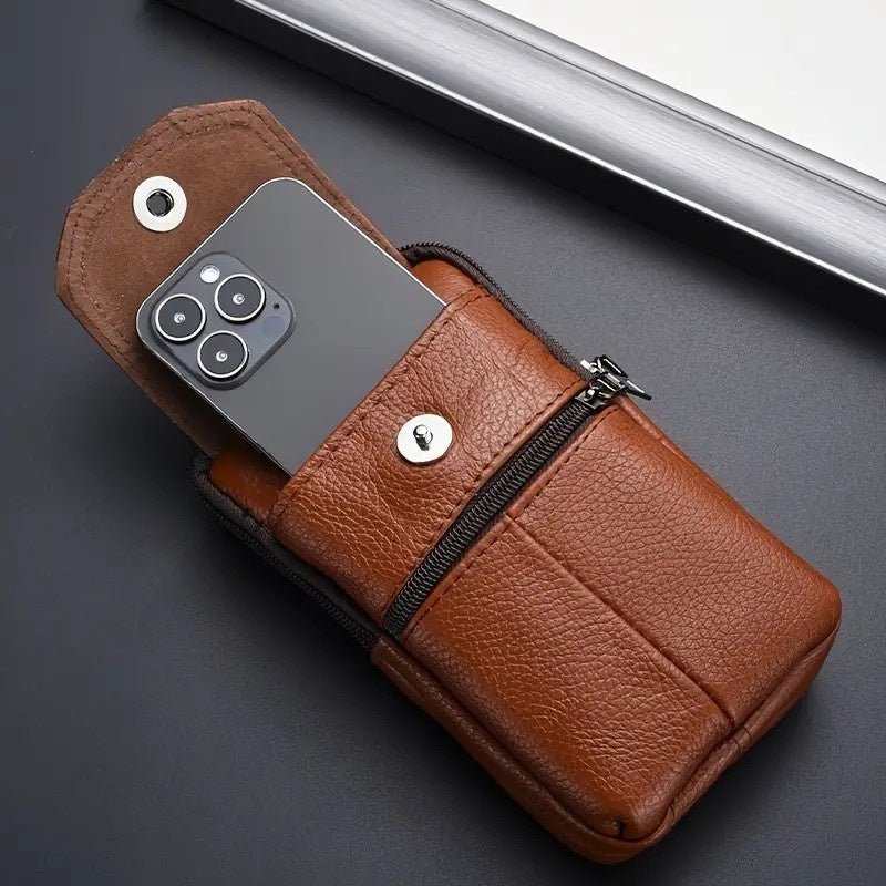 Leather Mobile Phone Shoulder Covers, Men's Belt Bags, Vertical Holster Belt Clip Pockets, Carrying Cases With Card Slots - More4LessLB