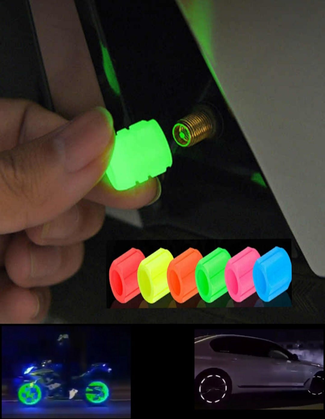 Valve covers on car and motorcycle wheel, reflective and phosphorescent