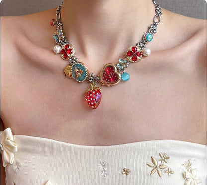 Red Blue Strawberry Clock Butterfly Titanium Steel Necklace
