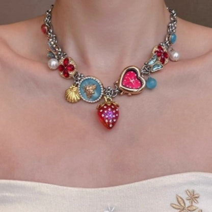Red Blue Strawberry Clock Butterfly Titanium Steel Necklace