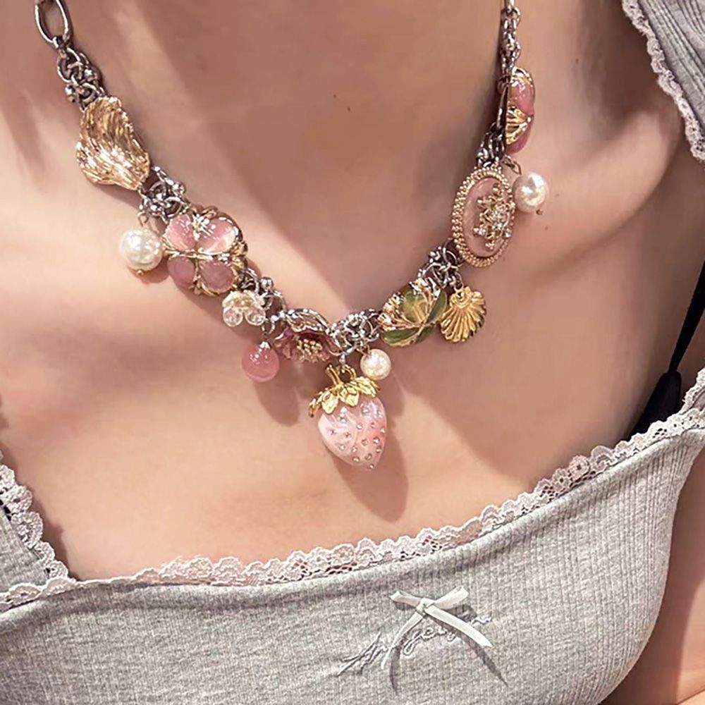 Red Blue Strawberry Clock Butterfly Titanium Steel Necklace