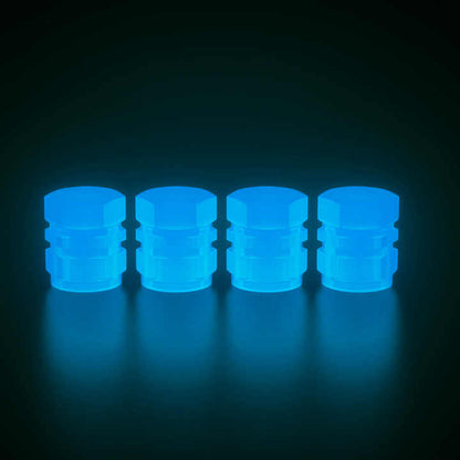 Phosphorescent wheel valve covers glowing at night
Set of 4 valve covers in blue color