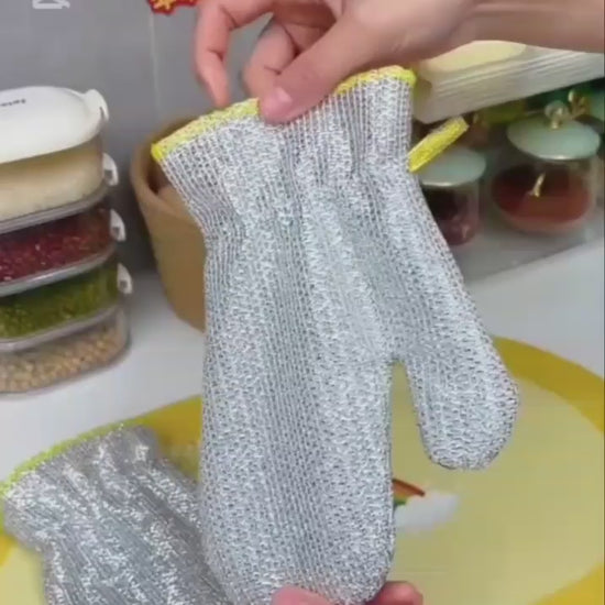 Metal fabric dishwashing gloves front view

Close-up of gloves cleaning tough stains

Gloves protecting hands from hot and cold water