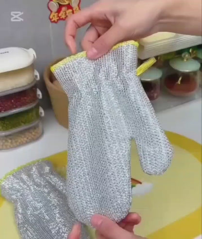 Metal fabric dishwashing gloves front view

Close-up of gloves cleaning tough stains

Gloves protecting hands from hot and cold water