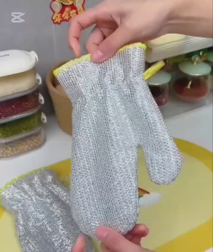 Metal fabric dishwashing gloves front view

Close-up of gloves cleaning tough stains

Gloves protecting hands from hot and cold water