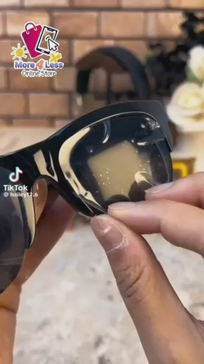 Bluetooth Smart Glasses front view, HD clear vision

Smart Glasses showing touch control and Bluetooth functions

Stylish unisex smart glasses – F06 & F08 models

Women’s smart glasses – F07 model